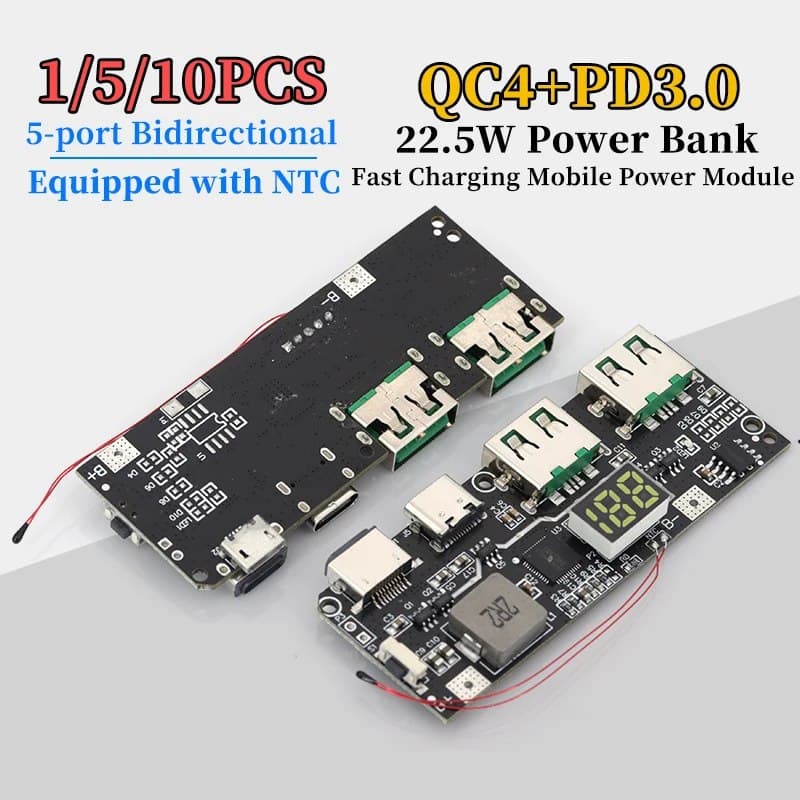 1/5/10 шт. Модуль зарядки для мобильного повербанка QC4+PD3.0 LED 5V 4.5A 22.5W Micro/Type-C USB с защитой от перегрева и короткого замыкания (для аккумуляторов 18650)